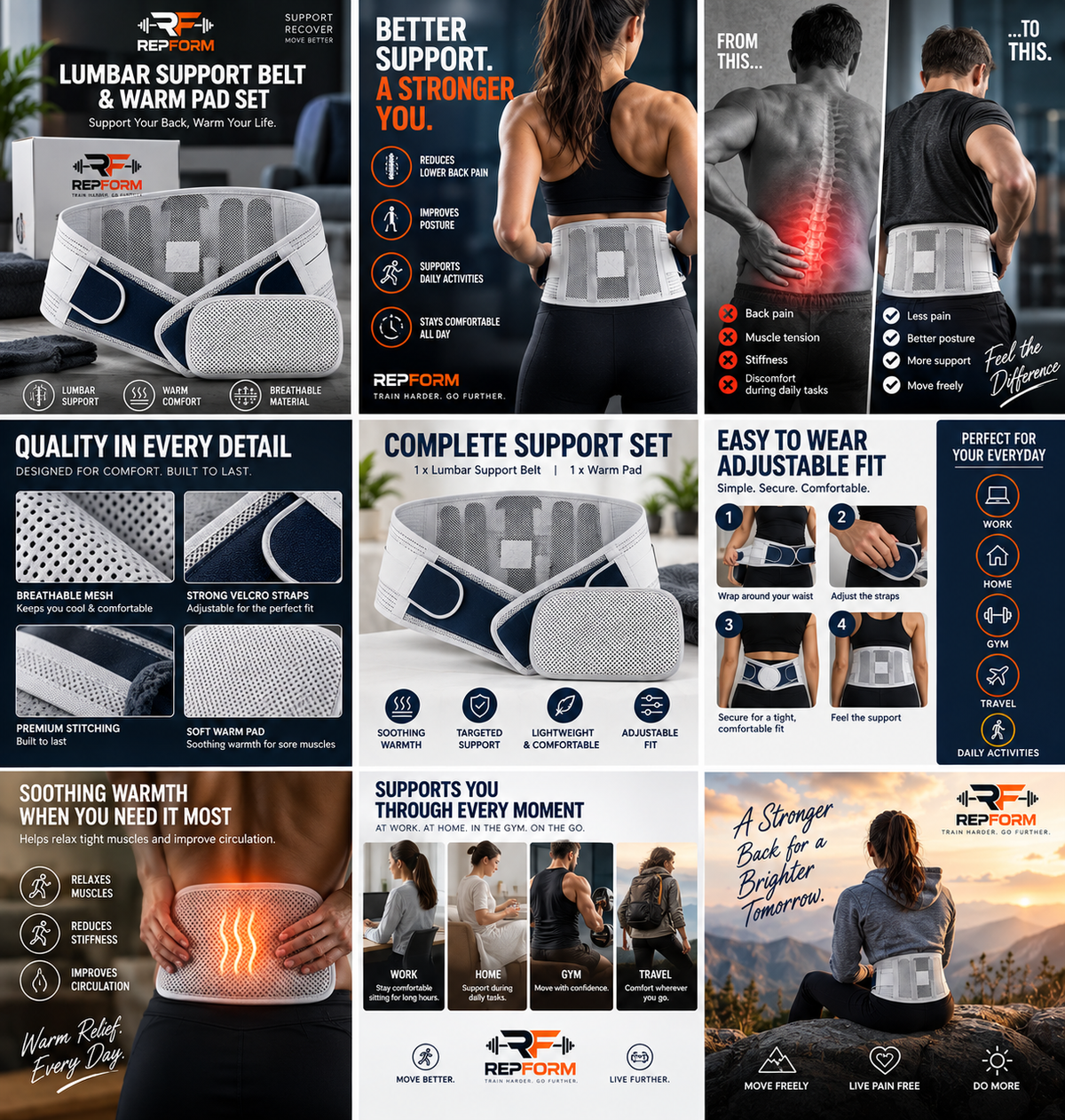 RepForm™ Back Support Set | Lumbar Belt & Cushion for Pain-Free Living