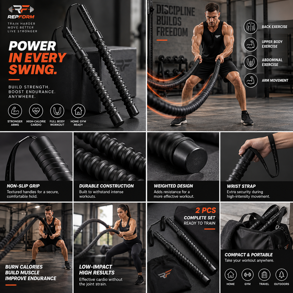 RepForm™ Battle Rope | Low-Impact, High-Intensity Home Gym Training