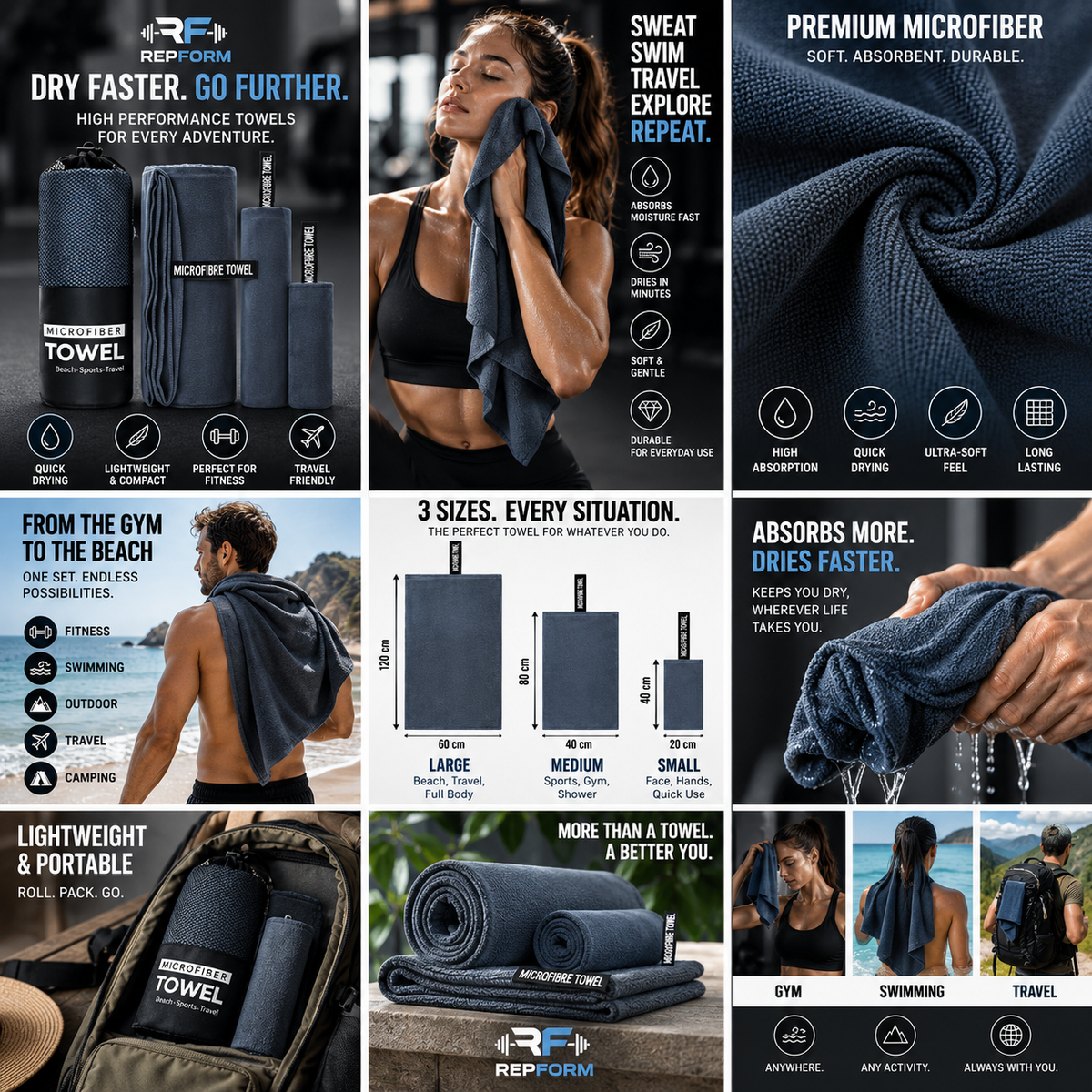 RepForm™ Towel Set | 3-Piece Quick-Dry for Sport, Travel & Outdoor Use